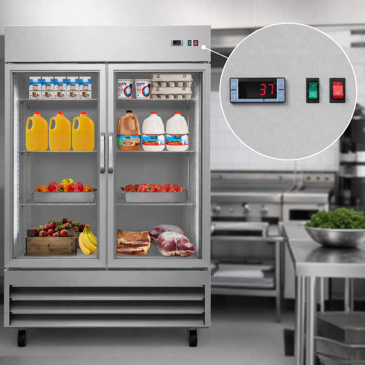 Product image #3 for KoolMore 54-Inch Two-Section Glass Door Reach-In Refrigerator, 47 Cu. Ft., Bottom-Mount Self-Contained, Stainless Steel