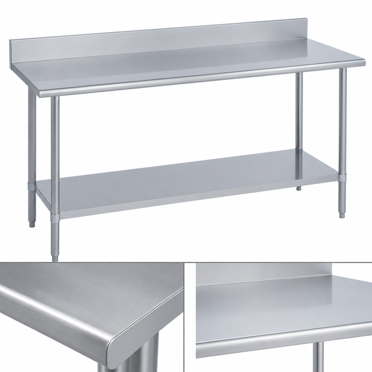 Product image #3 for Duke 120-Inch x 24-Inch 14-Gauge 300 Series Stainless Steel Work Table with 5-Inch Riser and Galvanized Undershelf