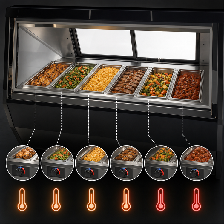 Product image #3 for Howard-McCray 96-Inch 6-Well Full-Service Hot Food Case with Black Exterior and Stainless Steel Interior