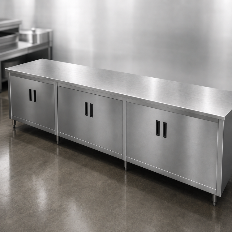 Product image #3 for Advance Tabco 144-Inch x 24-Inch Enclosed Work Table with Cabinet Base, Mid-Shelf, Hinged Doors, and 14-Gauge 304 Stainless Steel Top