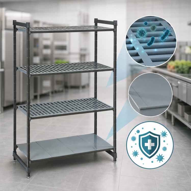 Product image #3 for Cambro Camshelving Basics Plus 4-Tier Stationary Starter Polymer Shelving Unit, 21 x 54 x 72 Inches, Vented and Solid Shelf Plates, Brushed Graphite