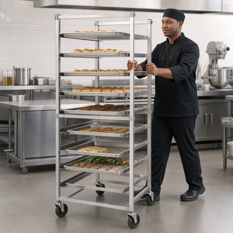 Product image #3 for Panco Mobile Full-Height Open-Sided Stainless Steel Utility Rack for 18 x 26-Inch Trays, 24-Tray Capacity