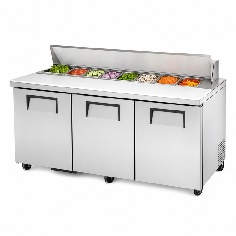Product image #3 for 72-Inch Three-Section Stainless Steel Sandwich/Salad Prep Table with 8-Pan Rail