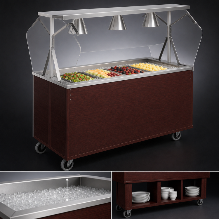 Product image #3 for Vollrath 2-Series Affordable Portable 4-Pan Non-Refrigerated Cold Food Station with Buffet Breath Guard, Open Storage Base, Cherry Woodgrain, Lights, 120V