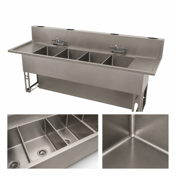 Product image #4 for BK Resources 96-Inch Four-Compartment Stainless Steel Underbar Slimline Sink with Left and Right Drainboards