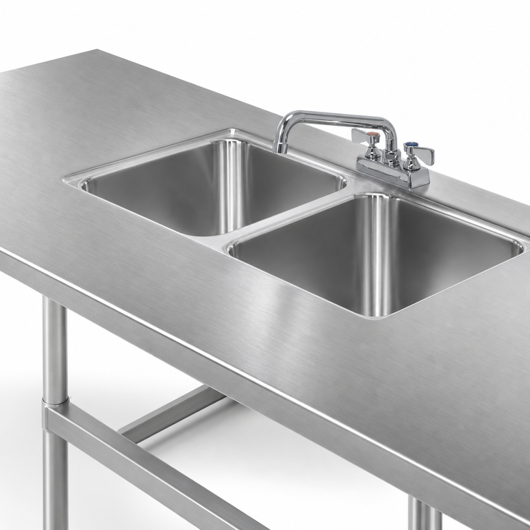 Product image #3 for Advance Tabco TA-11J-2 Double Bowl Welded Sink Into Table Top with Faucet, 14 x 16 x 12 Inch Bowls