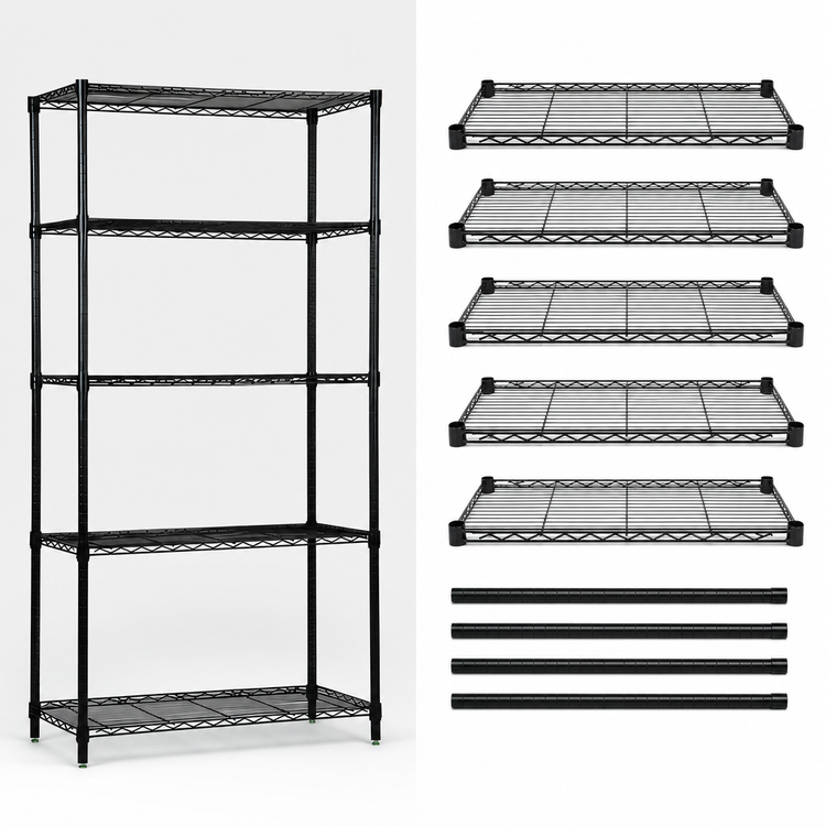 Product image #3 for Quantum 48"W x 12"D x 63"H Wire Shelving Starter Kit with 5 Shelves and 4 Posts, Black Epoxy Antimicrobial Finish