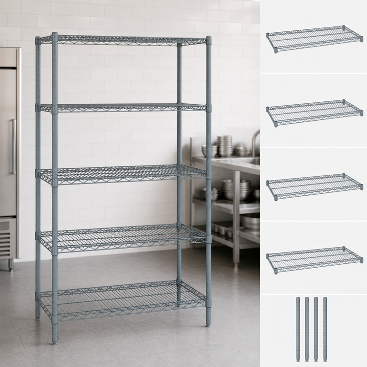 Product image #4 for Wire Shelving Starter Kit, 54 x 21 x 86 Inch, 5 Shelves, Gray Epoxy Antimicrobial Finish
