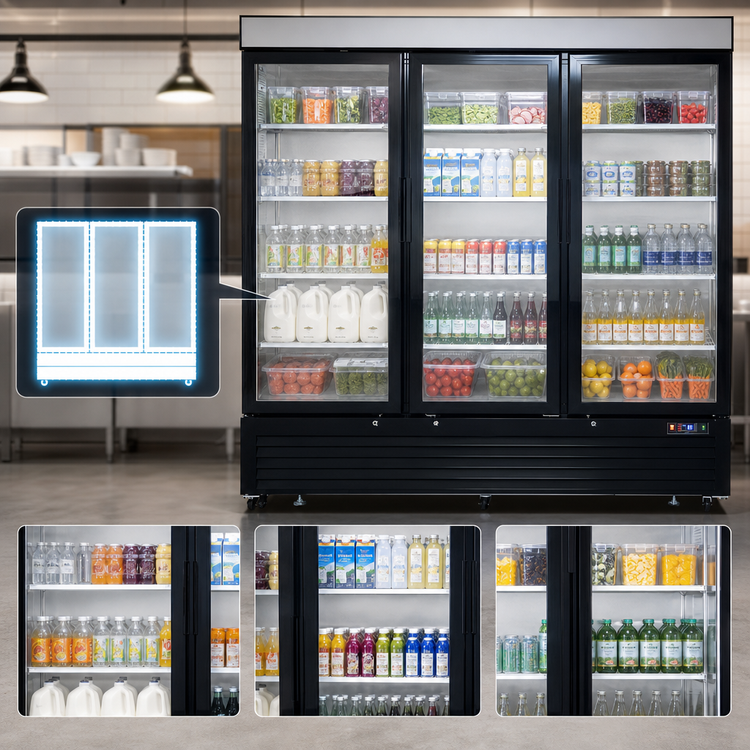 Product image #3 for Atosa Three-Section Glass Door Refrigerator Merchandiser, 69.5 Cu. Ft., Black