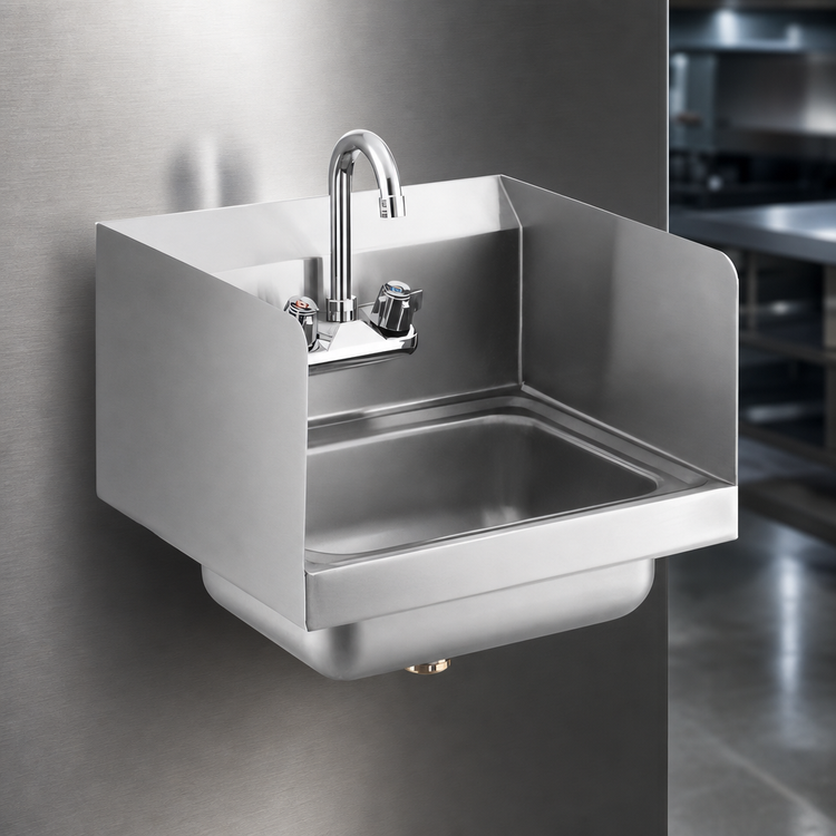 Product image #3 for Steel Works Stainless Space Saver Wall-Mount Hand Wash Sink with Side Splashes and Gooseneck Faucet