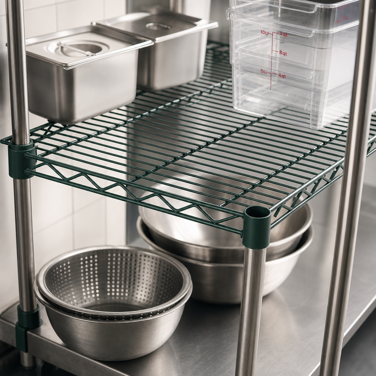 Product image #4 for Winco 54 Inch x 18 Inch Epoxy Coated Green Wire Shelf with 4 Sleeve Clips