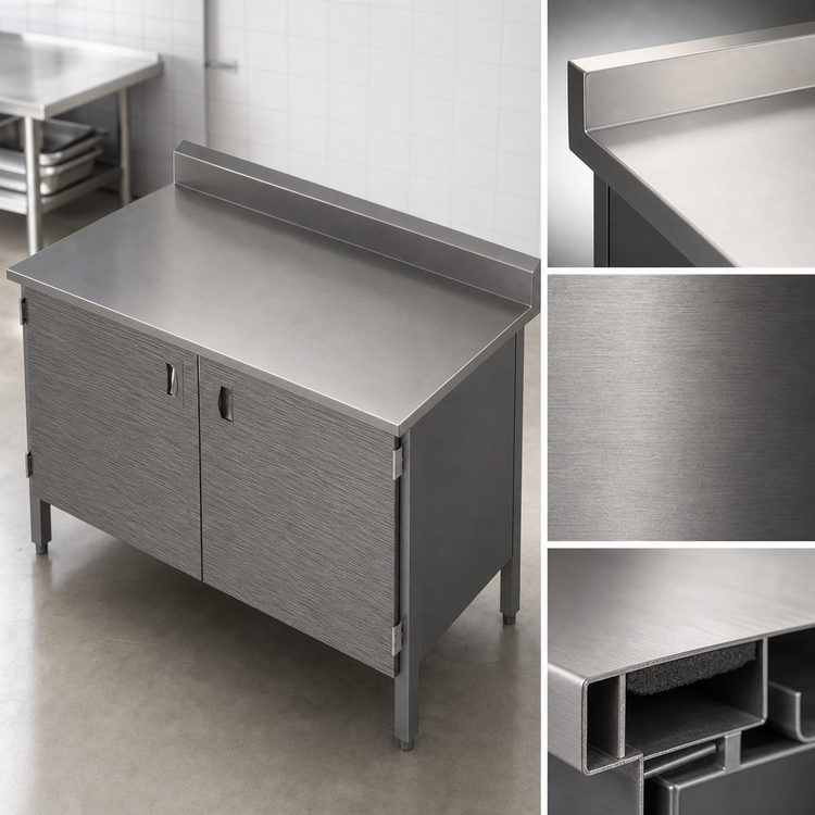 Product image #3 for John Boos Enclosed Base Work Table with Hinged Doors, 36"W x 30"D, 16-Gauge 300-Series Stainless Steel Top, 5" Backsplash