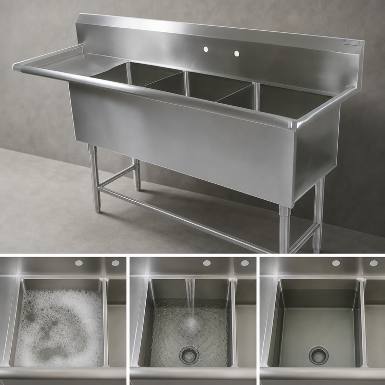 Product image #3 for John Boos Pro-Bowl 3-Compartment Stainless Steel Sink with Left Drainboard, 18" x 18" x 12" Bowls
