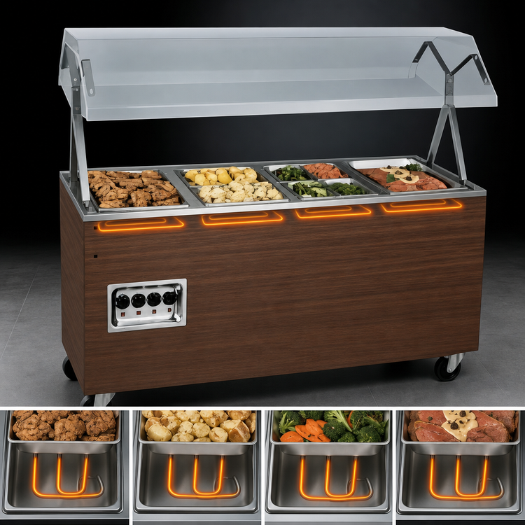 Product image #3 for Vollrath 2-Series Affordable Portable 4-Well Mobile Hot Food Station with Buffet Breath Guard, Enclosed Storage Base and Walnut Woodgrain Finish