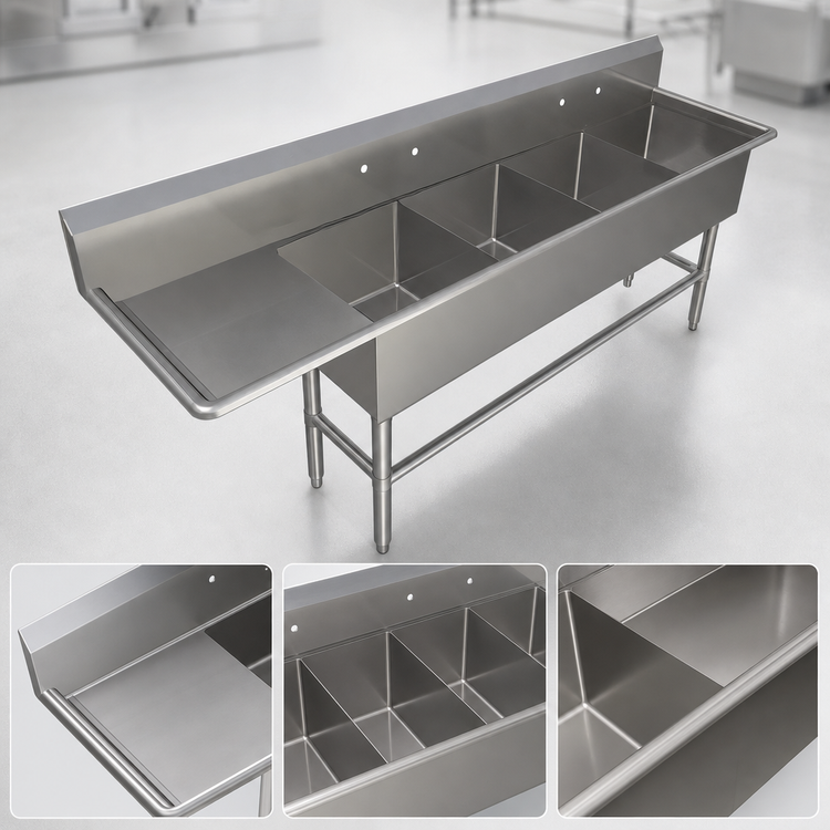 Product image #3 for John Boos Pro-Bowl 4-Compartment Sink with 30-Inch Left Drainboard, 20" x 20" x 12" Bowls