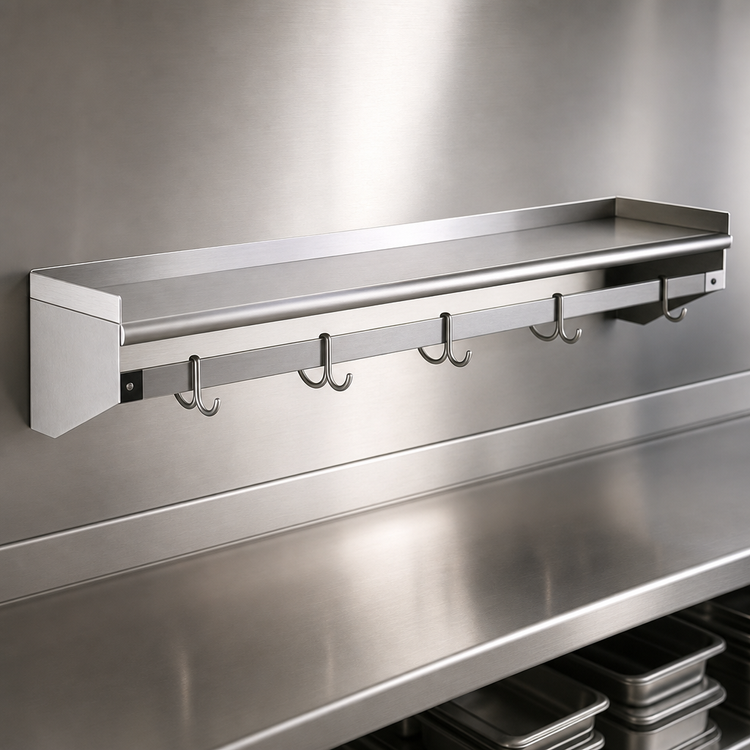 Product image #3 for Eagle Group 84-Inch x 10-Inch Wall-Mounted Commercial Pot Rack Shelf with 7 Hooks