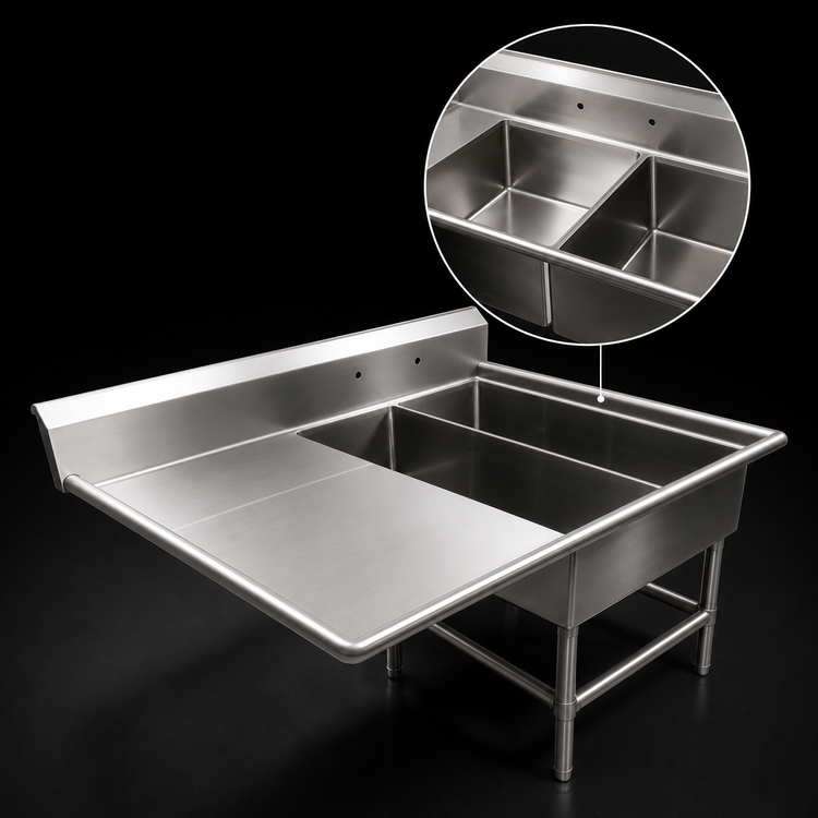 Product image #3 for John Boos Pro-Bowl 2-Compartment Platter Sink with Left Drainboard, 14-Gauge Stainless Steel, 62-3/16 Inch W x 36-1/2 Inch D x 43 Inch H