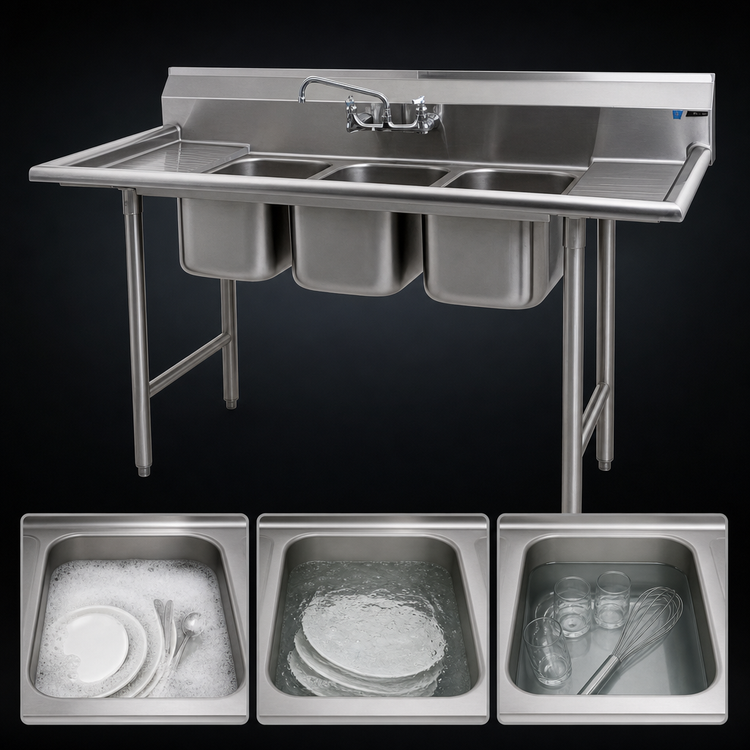 Product image #3 for Eagle Group 3-Compartment Convenience Store Sink with Dual Drainboards, 66"W x 27"D, 304 Stainless Steel