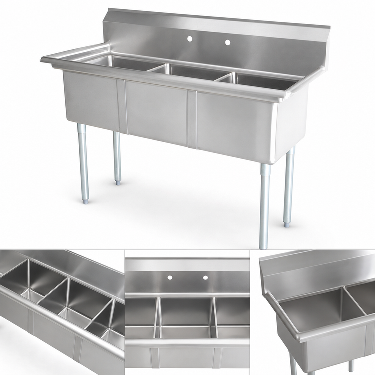 Product image #3 for Omcan 3-Compartment Pot Sink with 21 x 18 x 14 Inch Bowls, 304 Stainless Steel, No Drainboard