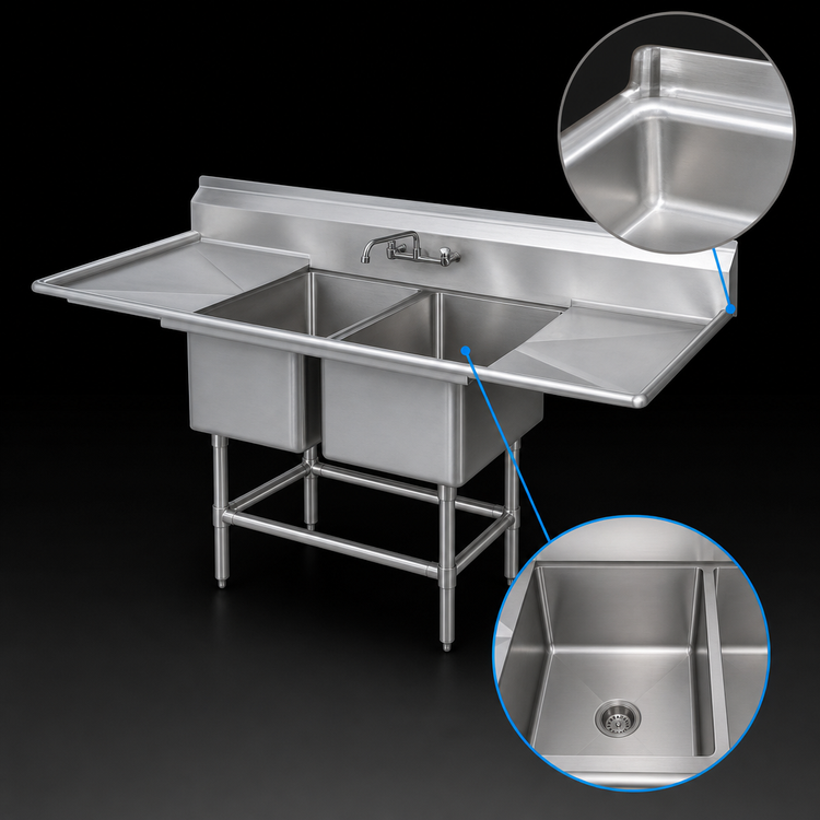 Product image #3 for Spec-Master FN Series Coved Corner Two-Compartment 14-Gauge Stainless Steel Sink with 36-Inch Left Drainboard