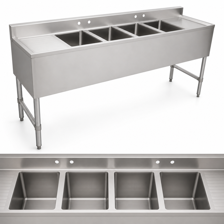 Product image #3 for Serv-Ware 72-Inch 4-Bowl Stainless Steel Bar Sink with Left and Right Drainboards