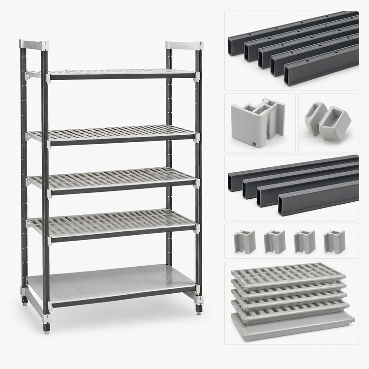 Product image #3 for Cambro Camshelving Elements XTRA 5-Tier Stationary Starter Polymer Shelving Unit, 24" x 72" x 84", Vented & Solid, Speckled Gray
