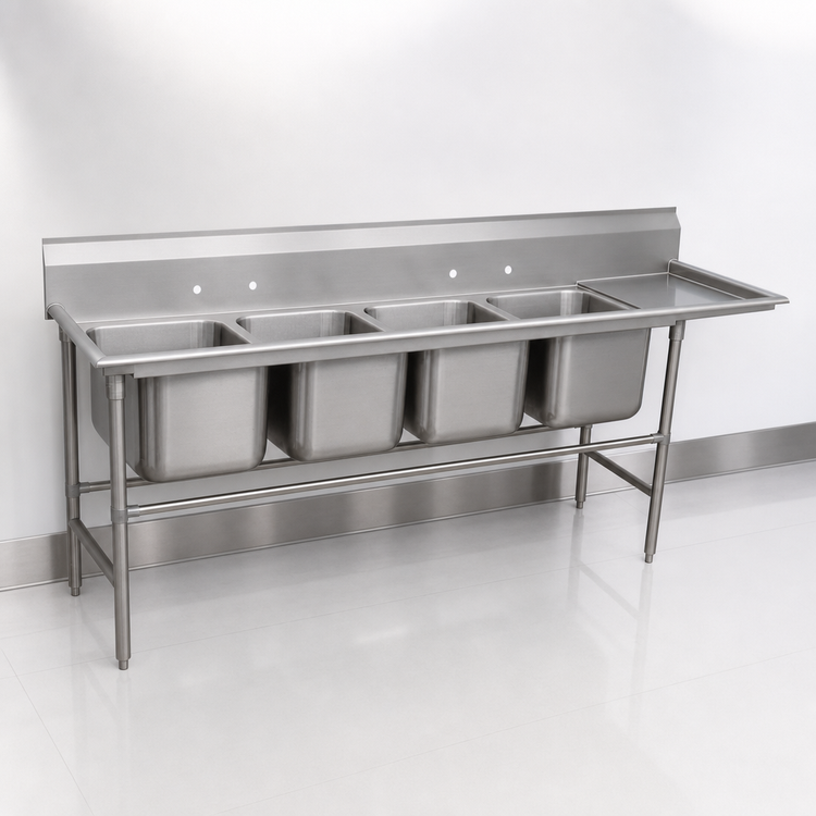 Product image #3 for Advance Tabco Regaline 4-Compartment Stainless Steel Sink with Right-Hand 18-Inch Drainboard, 20 x 20-Inch Bowls, 14-Inch Deep