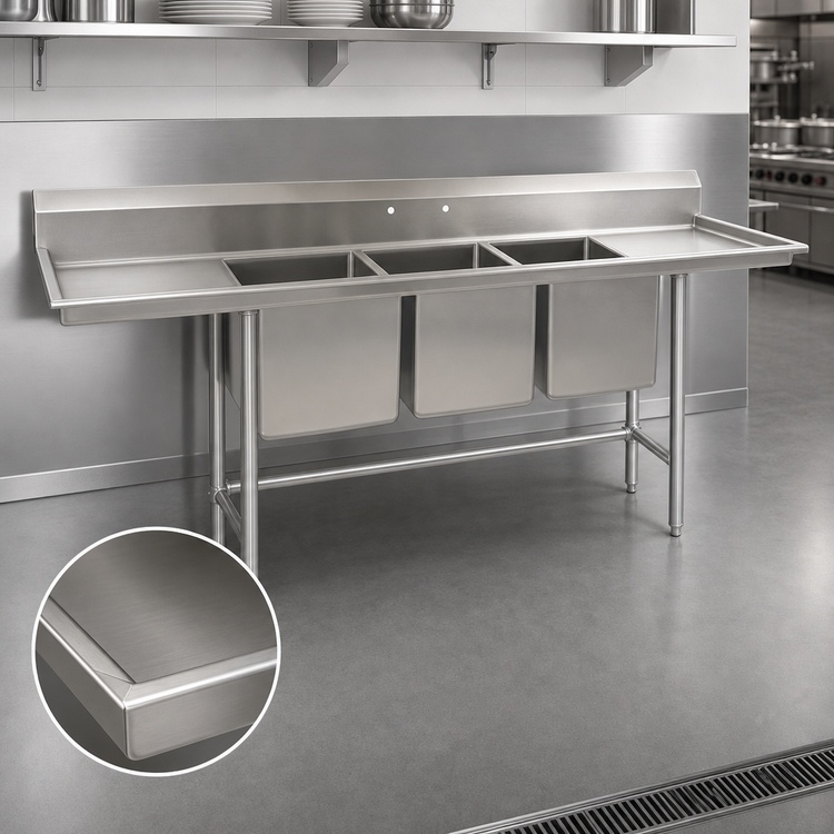 Product image #3 for Eagle Group S16 Series 2-Compartment Stainless Steel Sink with Left and Right Drainboards, 81 x 27 Inches