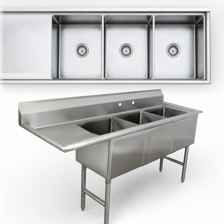 Product image #3 for Advance Tabco Special Value Series 3-Compartment Fabricated Sink with Left Drainboard, 16 Gauge 304 Stainless Steel, 68-1/2 Inch