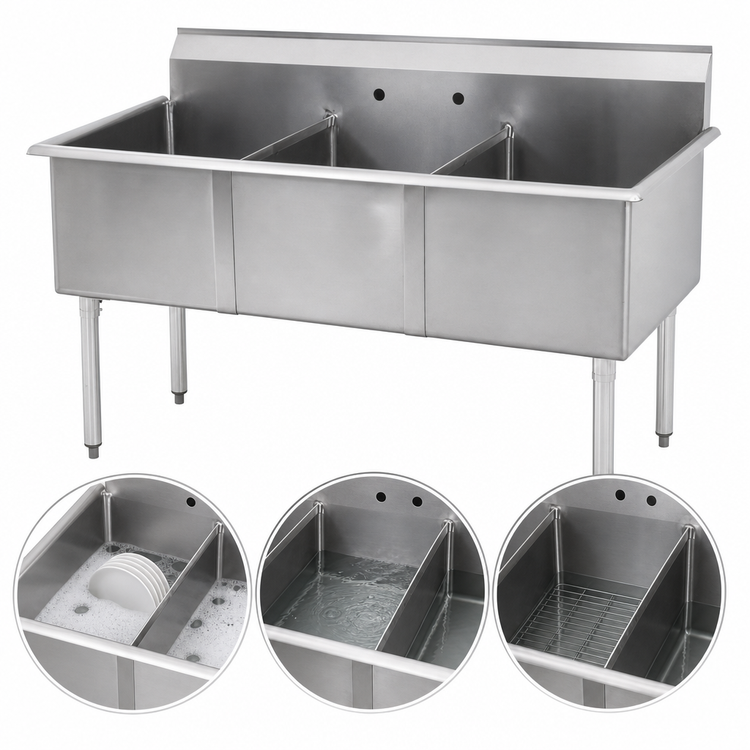Product image #3 for 3-Compartment Floor Model Budget Sink, 51 x 24-1/2 Inches, 18 Gauge Stainless Steel