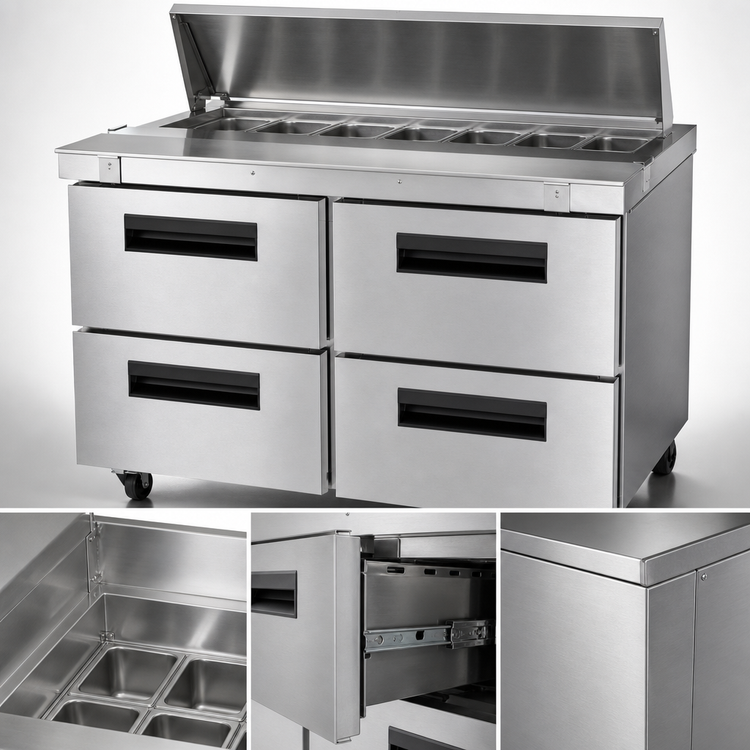 Product image #3 for Hoshizaki Steelheart 48-Inch Two-Section Sandwich Top Prep Refrigerator with 4 Drawers and 12-Pan Capacity
