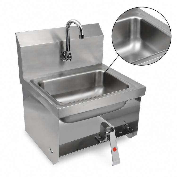 Product image #3 for John Boos Pro-Bowl Wall-Mounted Stainless Steel Hand Sink with Single Knee Valve and Gooseneck Spout, 14 x 10 x 5 Inch Bowl