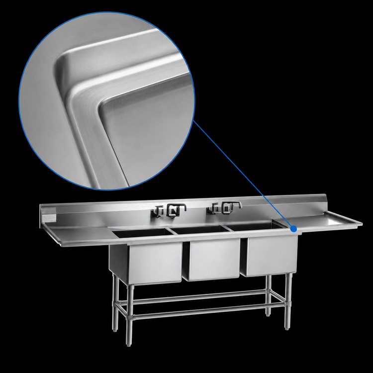 Product image #3 for Eagle Spec-Master FN Series Coved-Corner Three-Compartment Sink with 36-Inch Left Drainboard, 300 Series Stainless Steel
