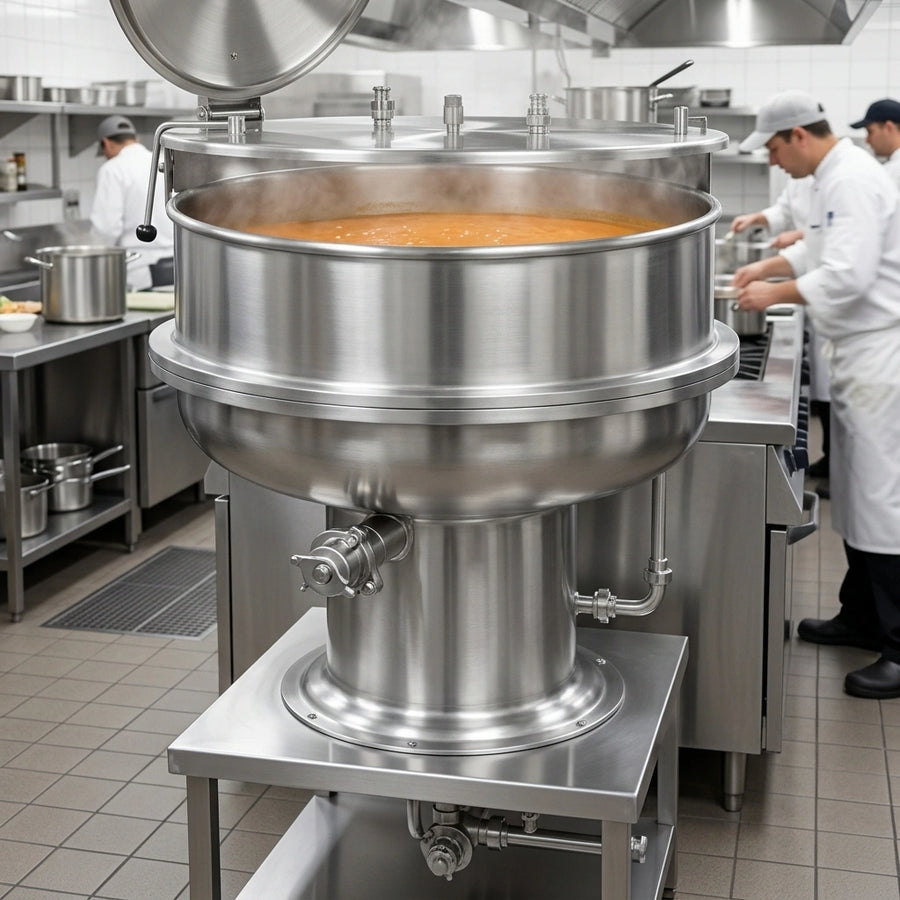 This image highlights the kettle's full jacketed design, ensuring superior, even heat circulation for consistent cooking results.
