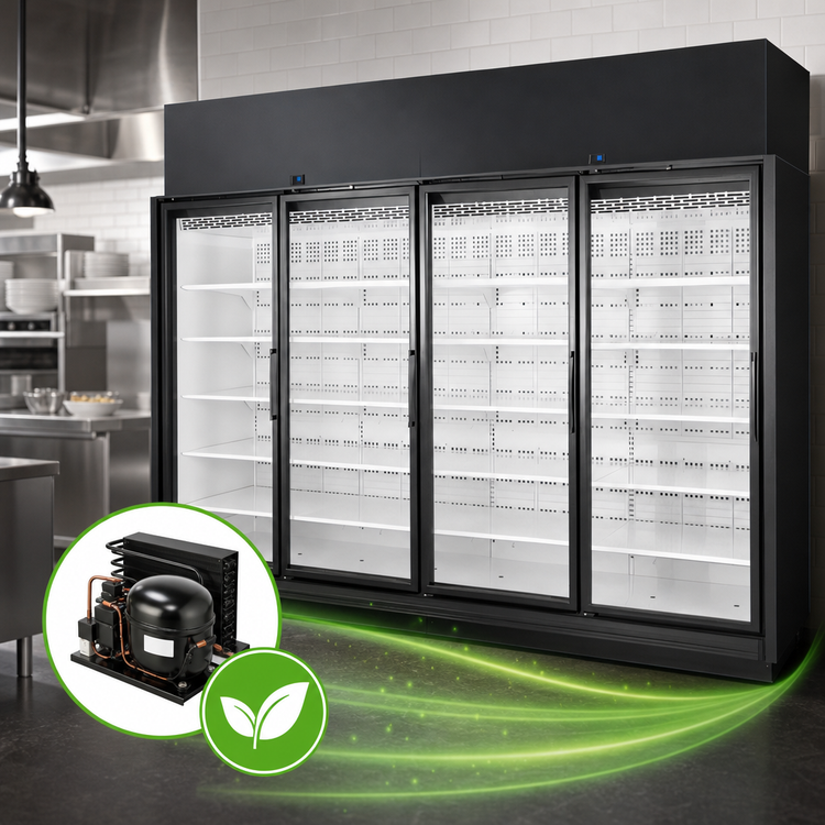 Product image #3 for True 4-Door 4-Section Medium Temperature Glass Door Refrigerated Merchandiser, Self-Contained, Black Exterior/White Interior, 154.4 Cu. Ft.