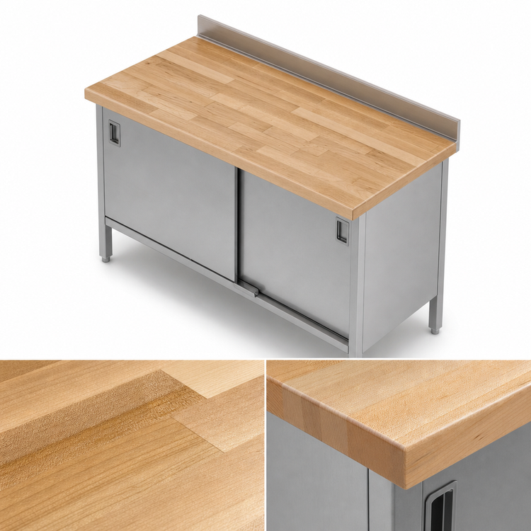 Product image #3 for John Boos 60 x 30 Inch Laminated Northern Hard Rock Maple Wood Top Work Table with Cabinet Base and Sliding Doors