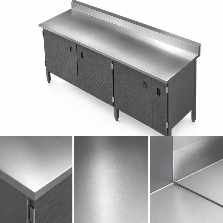 Product image #3 for John Boos Enclosed Base Work Table with Hinged Doors, 84 x 24 Inches, 16-Gauge Stainless Steel Top, 5-Inch Backsplash