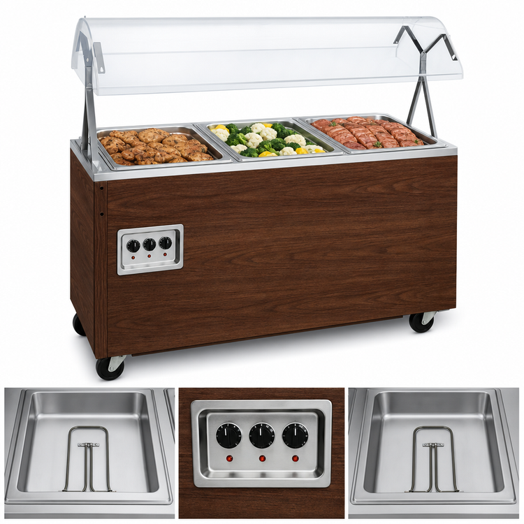 Product image #3 for Vollrath 2-Series Affordable Portable 3-Well Mobile Hot Food Station with Buffet Breath Guard and Lights, Walnut Woodgrain, 120/208-240V