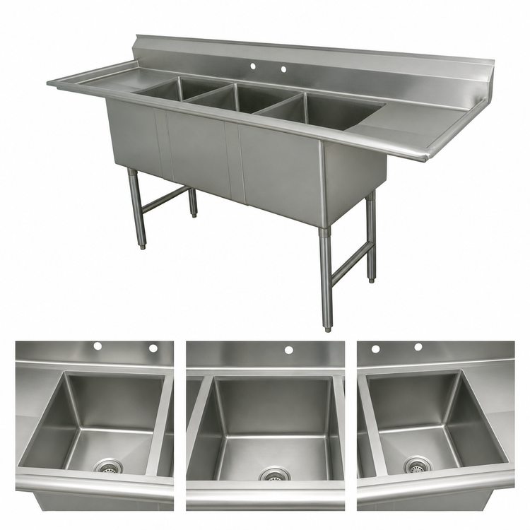 Product image #3 for Advance Tabco 3-Compartment Fabricated Sink with 24-Inch Left and Right Drainboards, 20 x 30 x 14-Inch Bowls