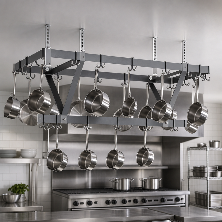 Product image #3 for Eagle Group Ceiling-Mounted Triple-Bar Aluminum Pot Rack with 33 Double-Prong Stainless Steel Hooks, 124 x 20 x 18 Inches