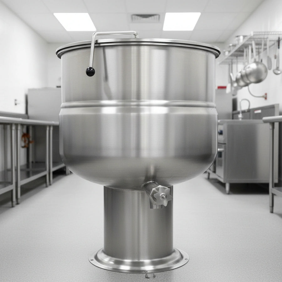 Experience unwavering stability with the stationary pedestal base securely mounting this 60-gallon direct steam kettle to your commercial kitchen floor.