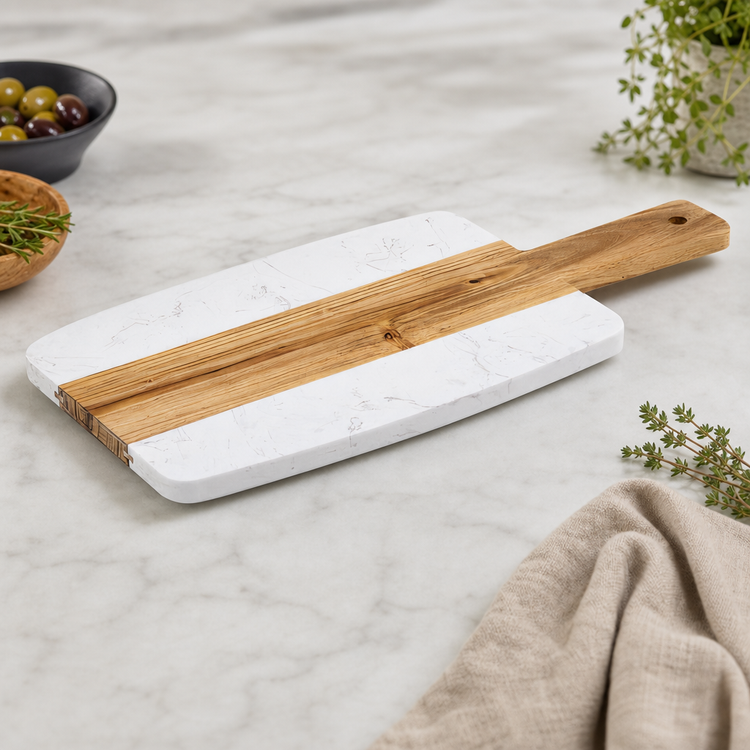 Product image #3 for Winco Rectangular Serving Board with Handle, White Marble and Acacia Wood, 15 x 7 Inches
