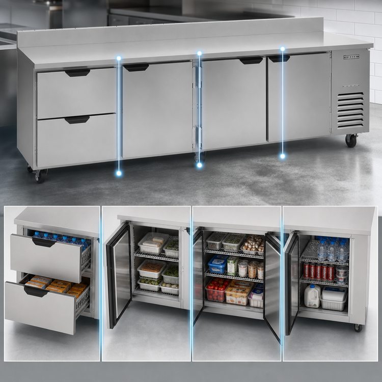 Product image #3 for Beverage-Air 119-Inch Four-Section Worktop Refrigerator with 2 Drawers and 3 Doors
