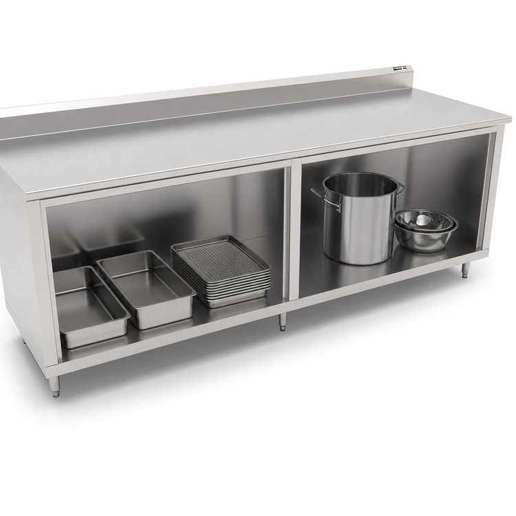Product image #3 for John Boos 96-Inch x 24-Inch Stainless Steel Work Table with Open Front Cabinet Base and 5-Inch Backsplash