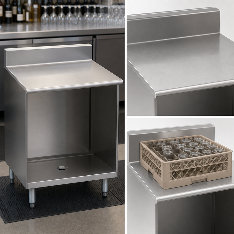 Product image #3 for Eagle Group 2200 Series 18 Inch Wide Flatboard Top Stainless Steel Glass Rack Storage Unit with Open Front Cabinet Base