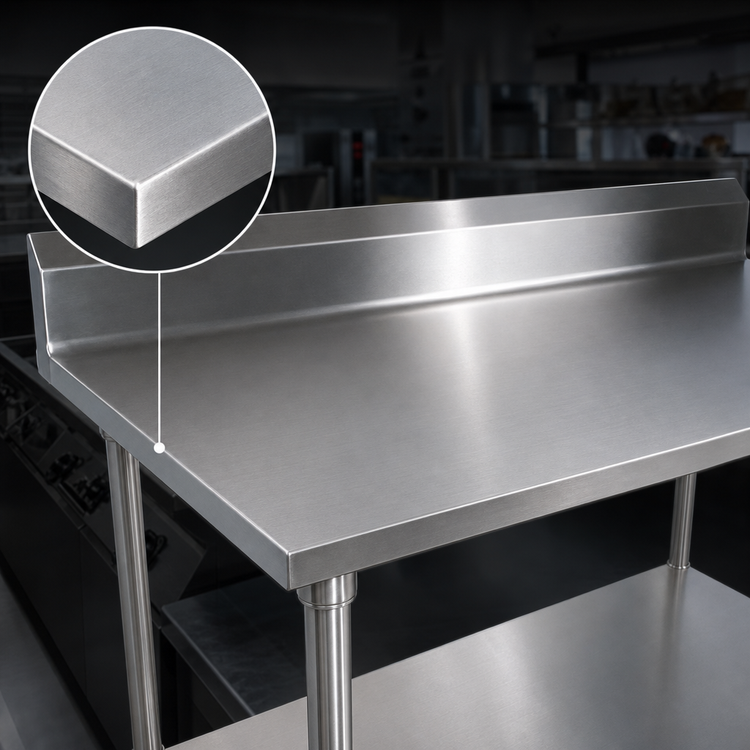 Product image #3 for John Boos Stallion 108" x 36" 14-Gauge 300 Series Stainless Steel Work Table with 5" Backsplash and Adjustable Undershelf