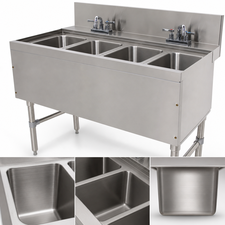 Product image #3 for Advance Tabco Prestige Supreme 4-Compartment Underbar Sink Unit, 48-Inch Wide, Open Frame Base