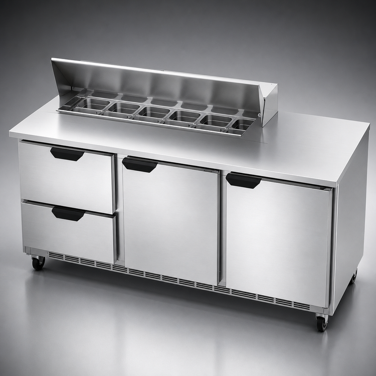 Product image #4 for Beverage-Air 72-Inch Three-Section Sandwich Prep Table with 2 Doors, 2 Drawers and 12-Pan Top