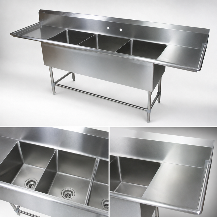 Product image #3 for John Boos Pro-Bowl 3-Compartment Sink with Dual Drainboards, 16 Gauge Stainless Steel