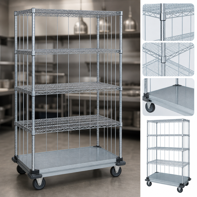 Product image #3 for Quantum Chrome-Plated Mobile Enclosure Cart with 4 Wire Shelves and 1 Solid Shelf, 48 x 18 x 70 Inches